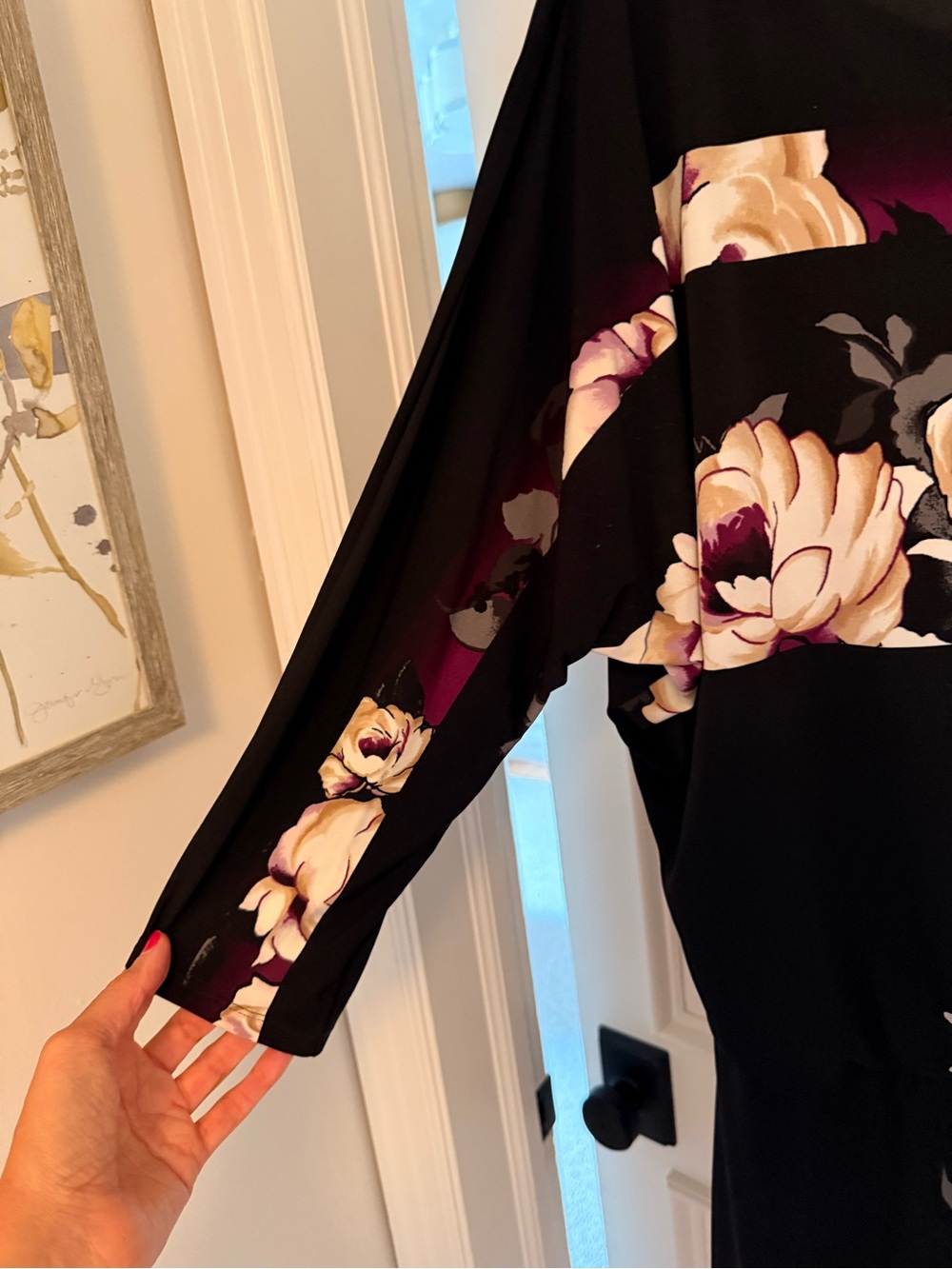 White House Black Market Black Floral Long-Sleeve Dress with Plum Trim - Picture 3 of 5